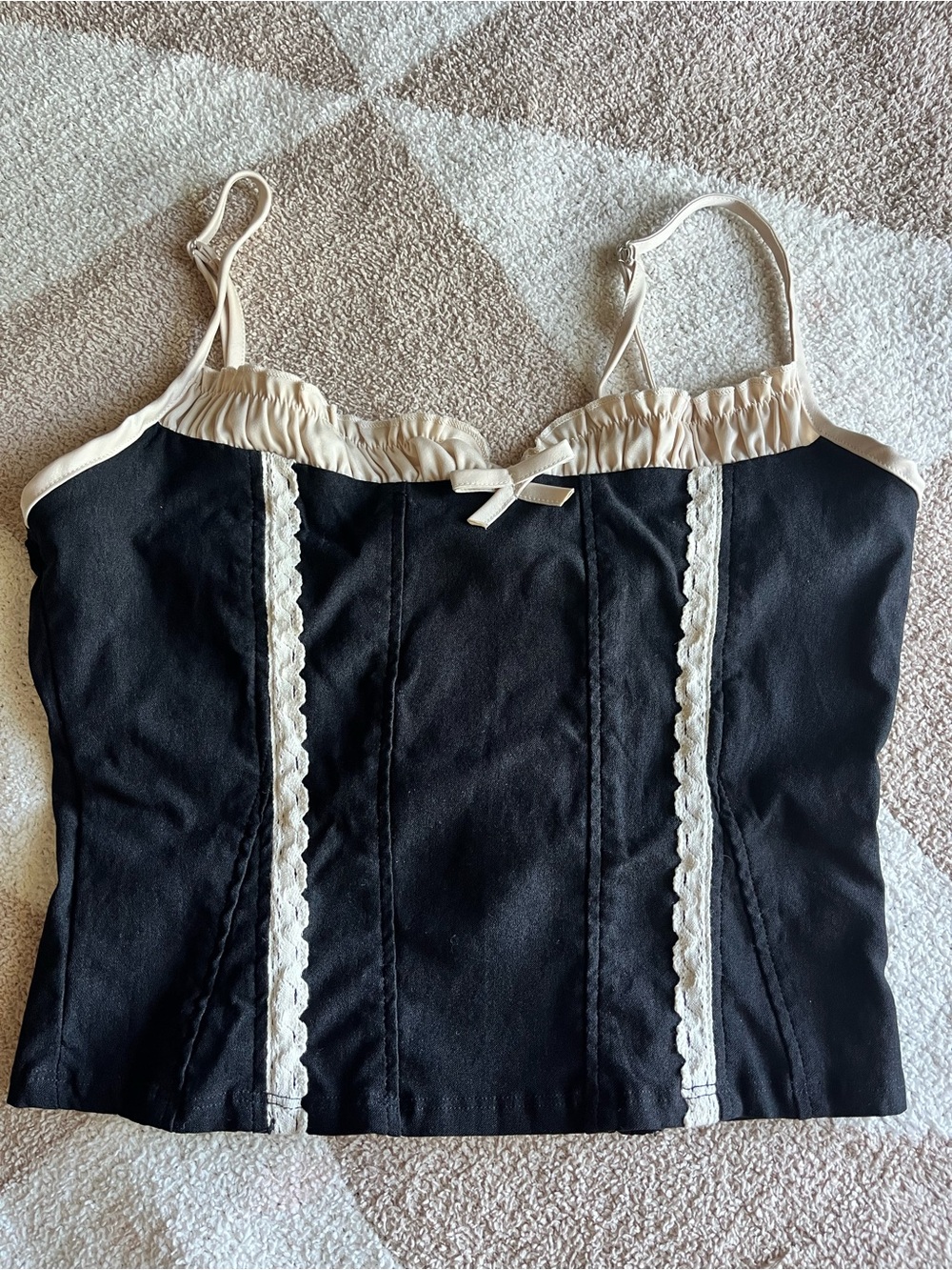 Sweet Rain Black and Cream Lace-Trim Camisole
